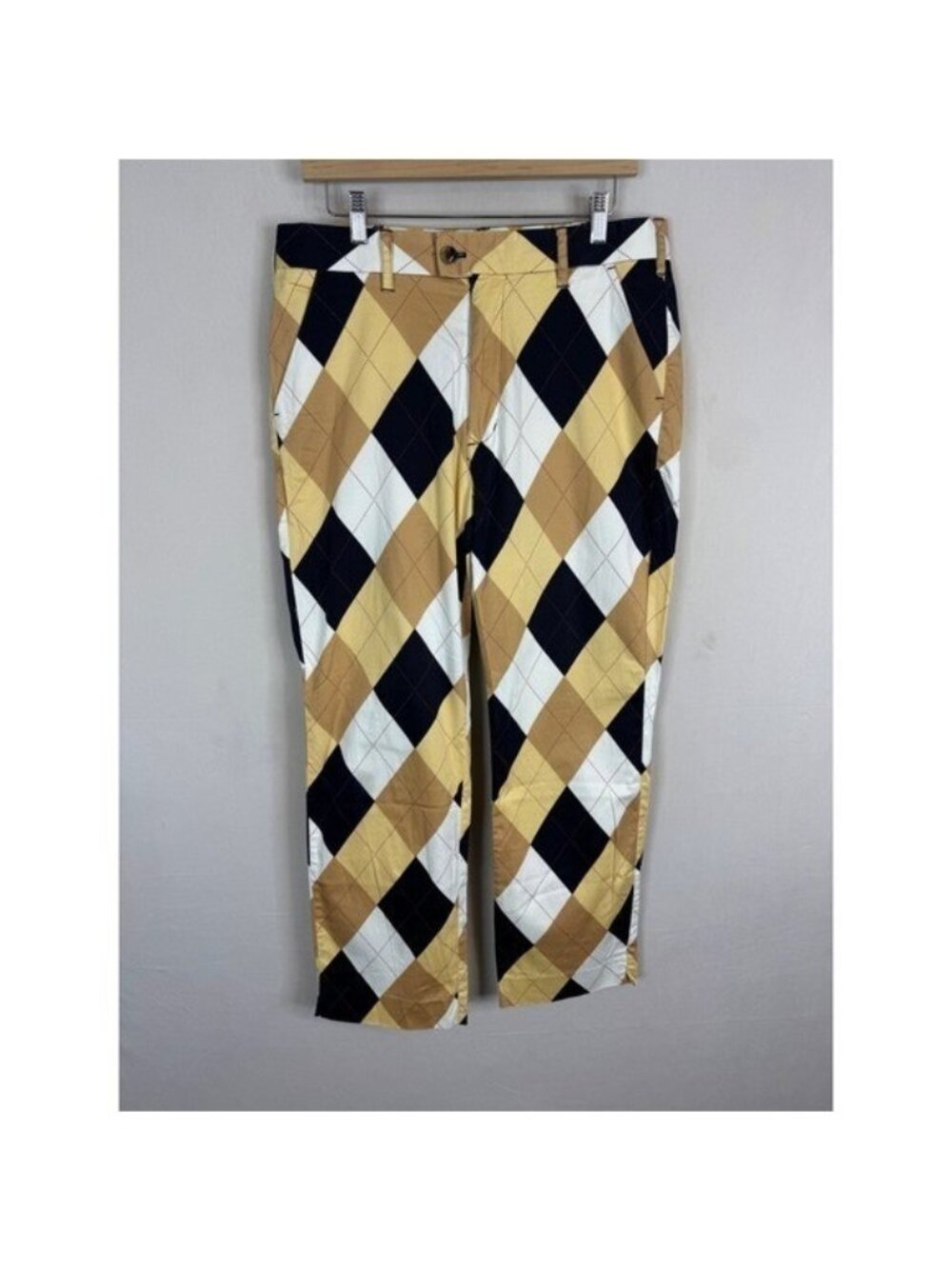Loudmouth Golf Mens Argyle Pattern Pants Tan Black White 34x30 Stretch Cotton